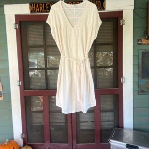 Cream V-Neck Dress with Belt